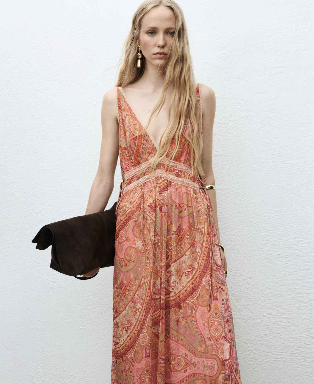 Mango Paisley Lace Trim Maxi Slipdress In Brown