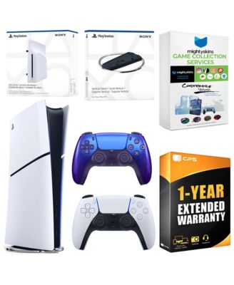 PS5 Slim Digital Bundle with Disc Drive, Extra Controller, Vertical Stand, Mighty Skins Game Collection Services & 1-Year Extended Warranty