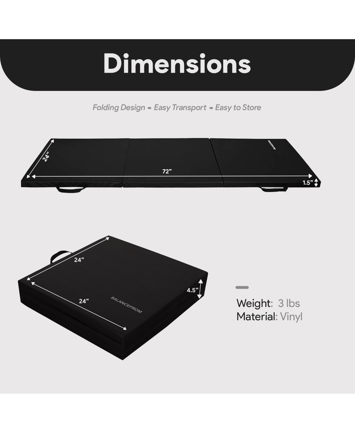 BalanceFrom Fitness GoGym 6'x2'x1.5" Folding 3 Panel Exercise Gym Mat, Black
