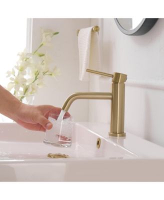 Single-Handle Single Hole Low-Arc Bathroom Faucet Bathroom with Drain Assembly Drip-Free Vanity Sink Faucet in Brushed Gold