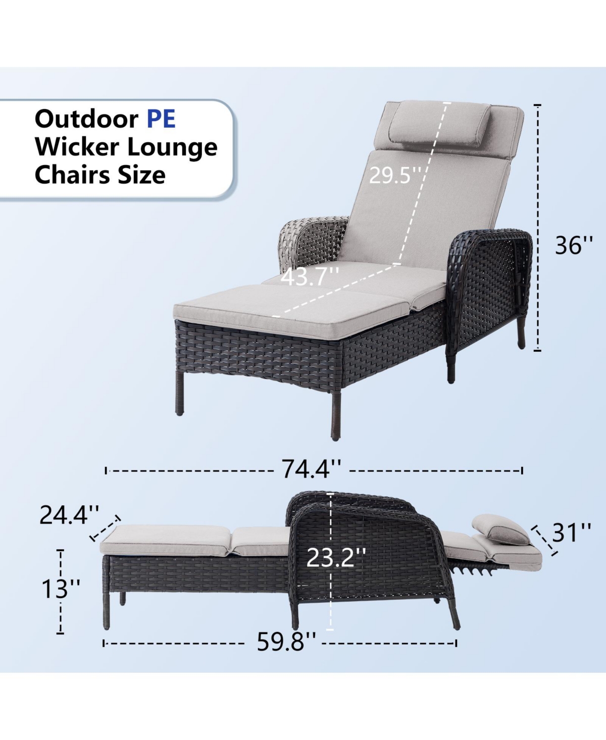 Gymojoy ArcLine Pe Wicker Outdoor Chaise Lounge Recliner with Olefin Cushions