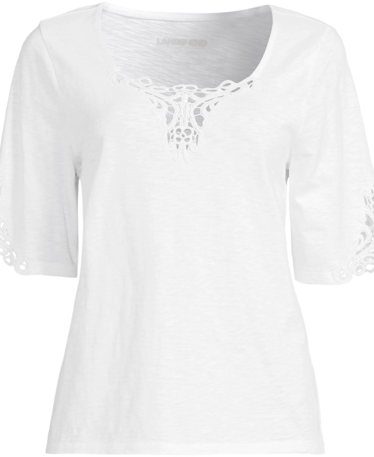 Женская футболка Lands' End Plus Size Elbow Sleeve Slub Lace Trim, цвет: Белый — фото 3