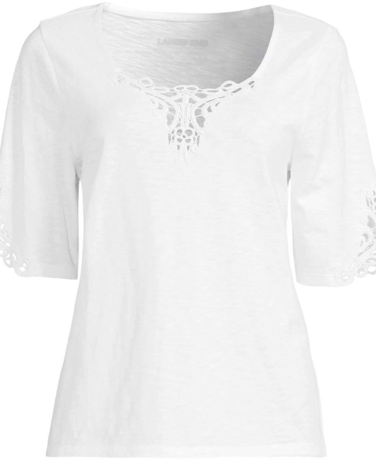 Plus Size Elbow Sleeve Slub Lace Trim T-Shirt