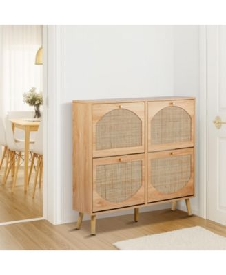 Shoe Cabinet with 2 Rows of 4 Dump Buckets High Feet Arched Rattan Surface