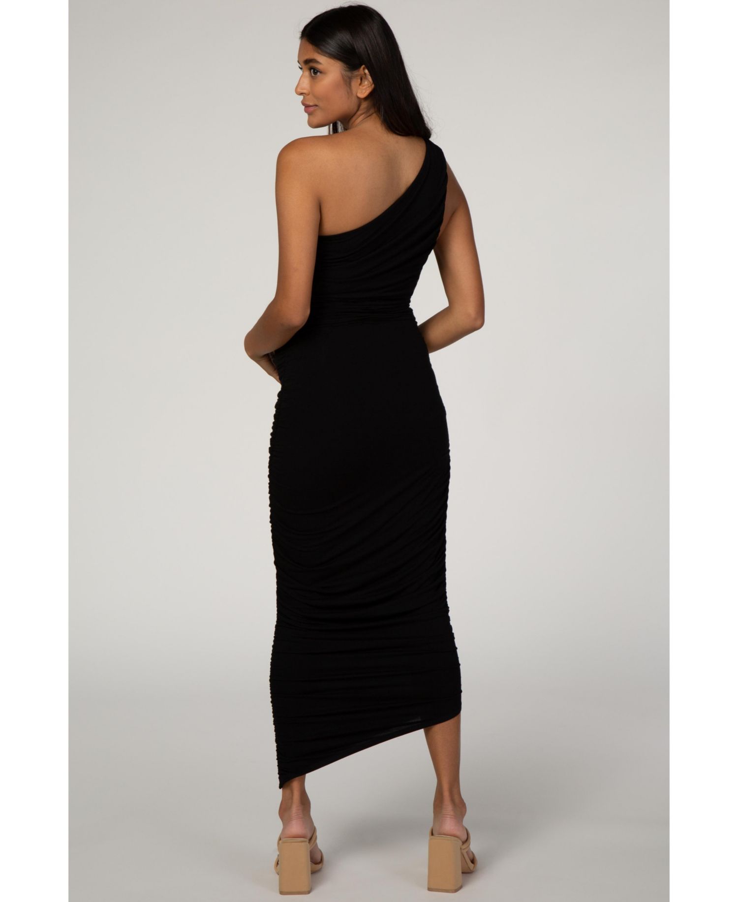 Women's Black Ruched One Shoulder Dress