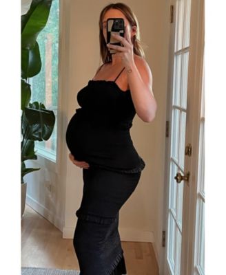 Olive Satin Smocked Fitted Maternity Maxi Dress