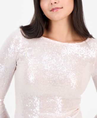 Juniors' Sequined Long-Sleeve Cropped Top