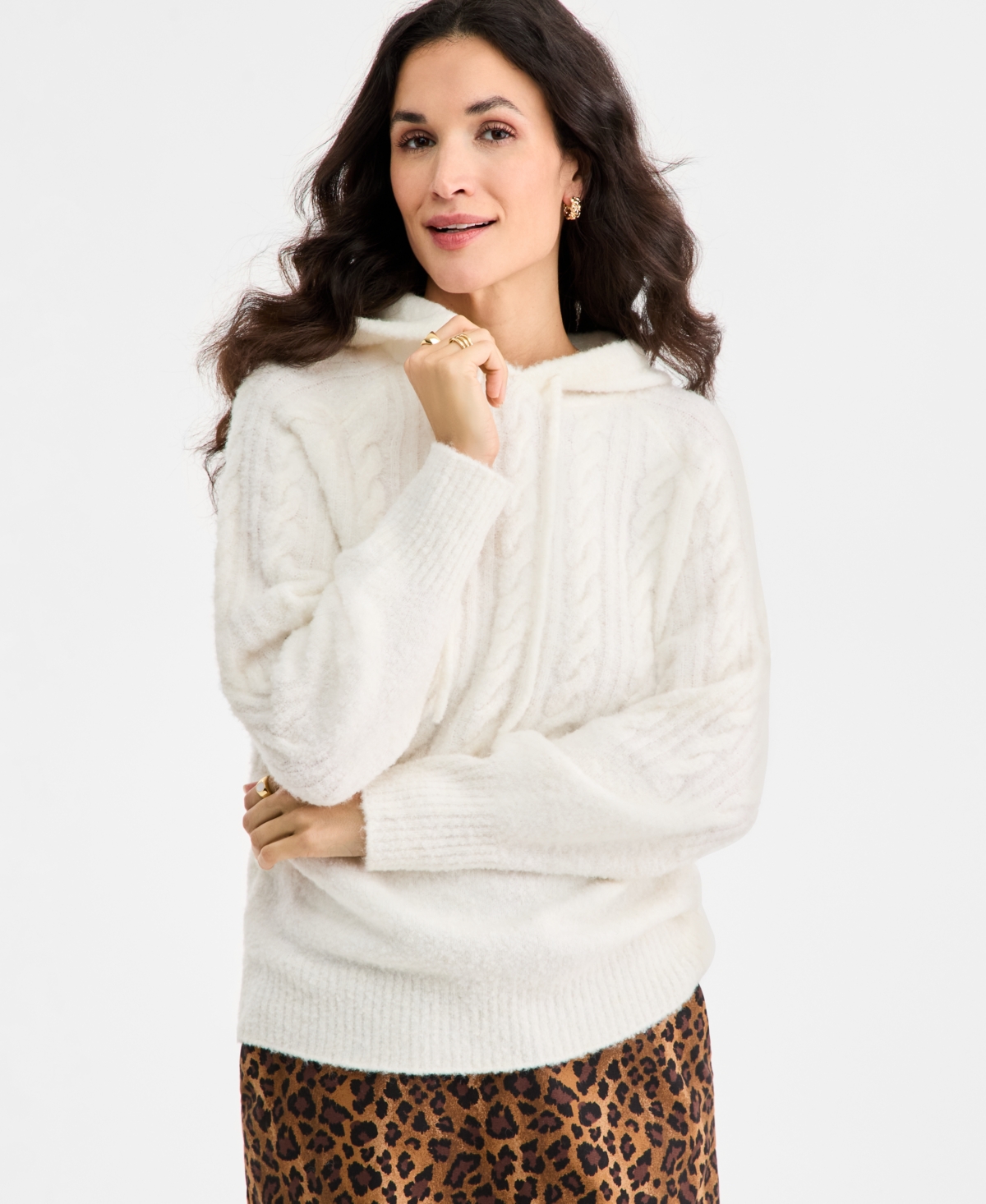 On 34th Women's Cozy Sweater Cable Hoodie, Macy's Exclusive In White