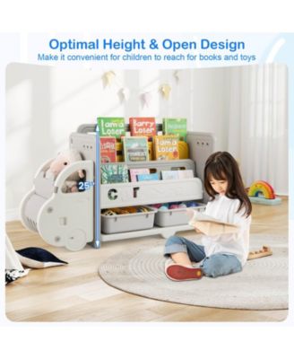 3-Tier Kids Toy Storage and Bookshelf with 2 Storage Boxes Decorative Car Head