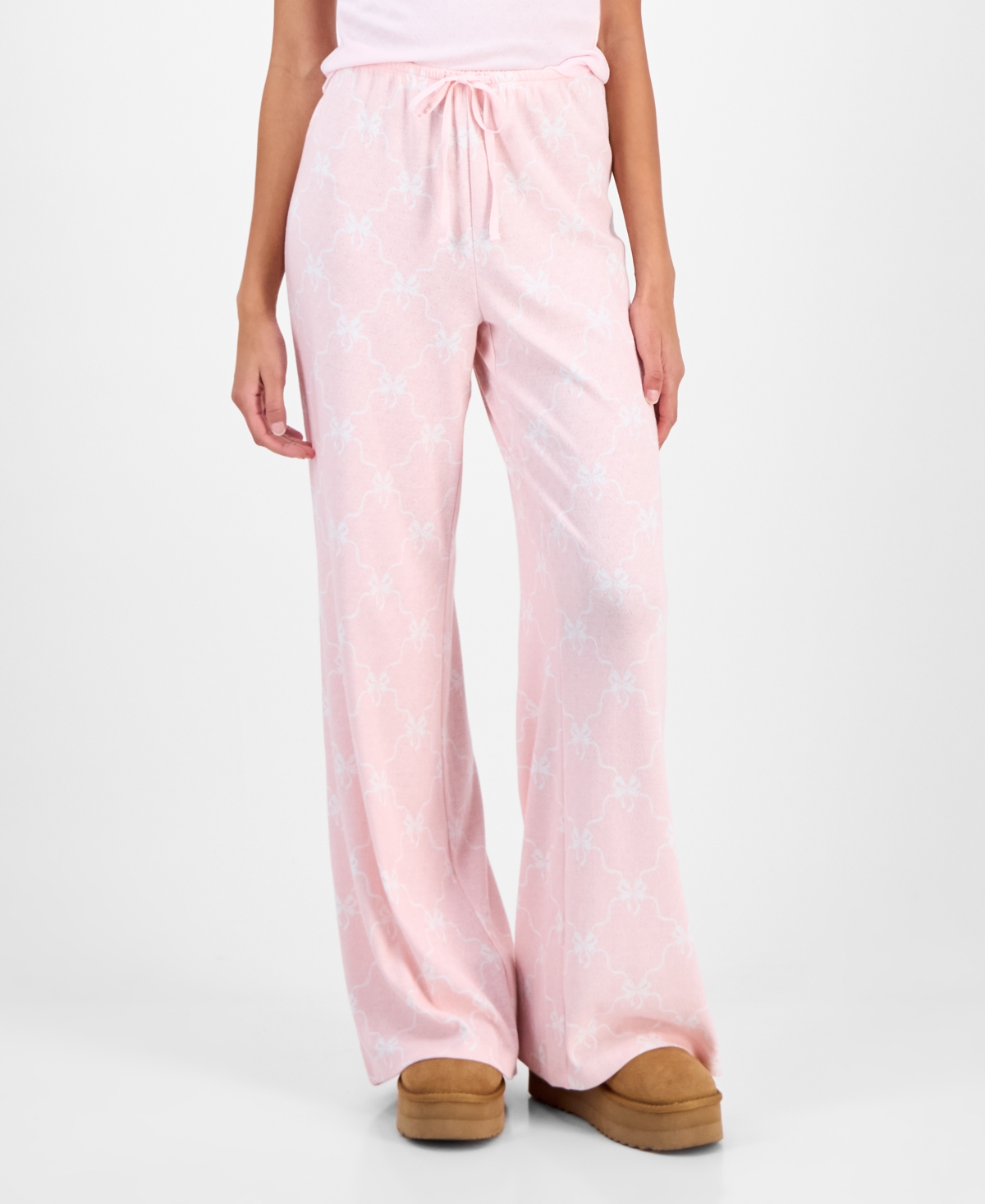 Just Polly Juniors' Pointelle Drawstring Wide-leg Lounge Pants In Pink