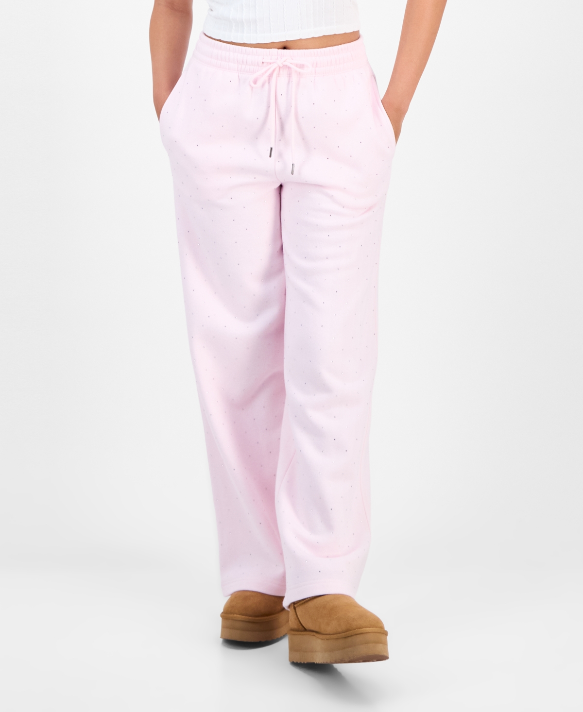 Madden Girl Juniors' Rhinestone-front Wide-leg Sweatpants In Pink