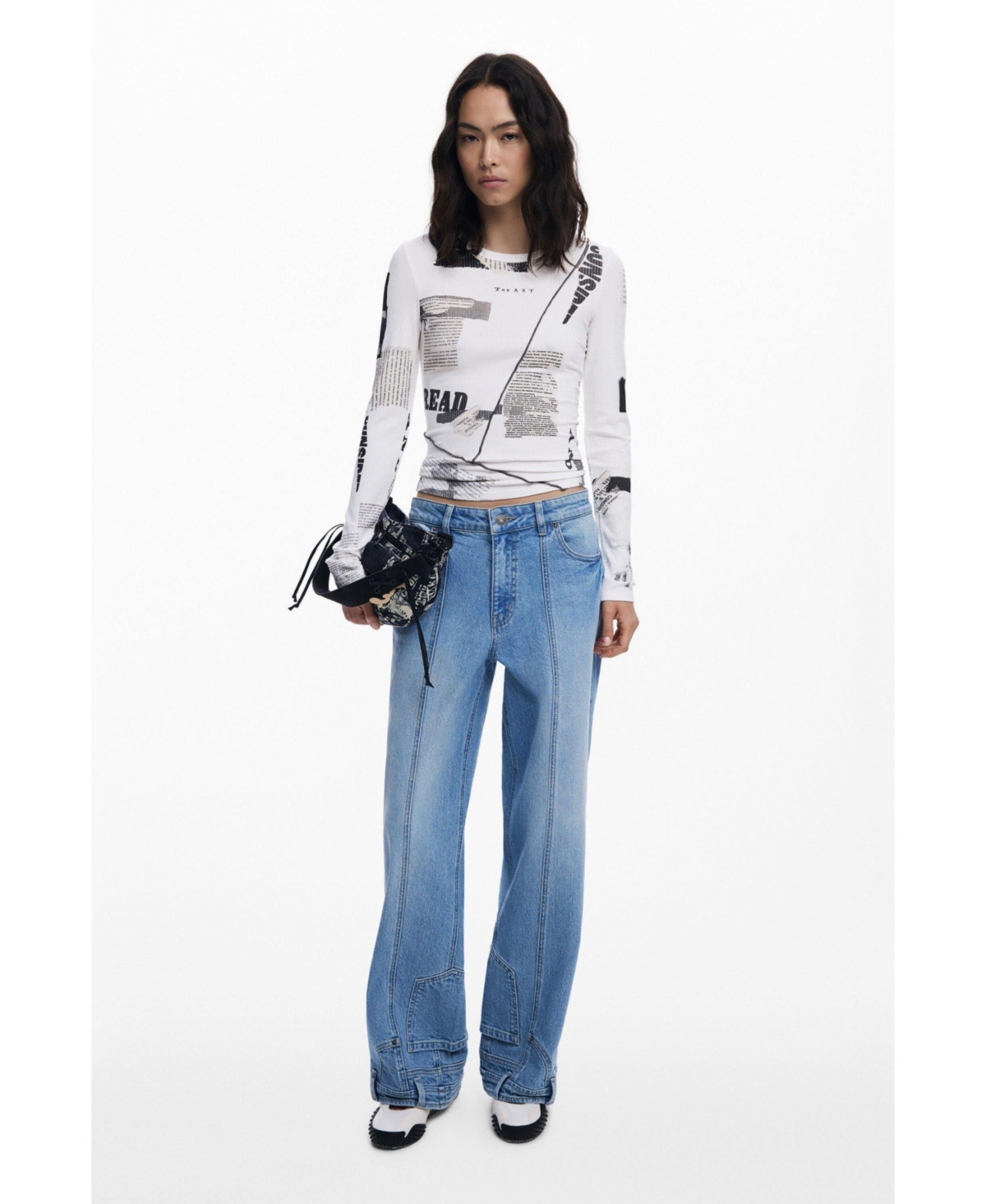 Desigual Mixed Print Long Sleeve Knit Top In White