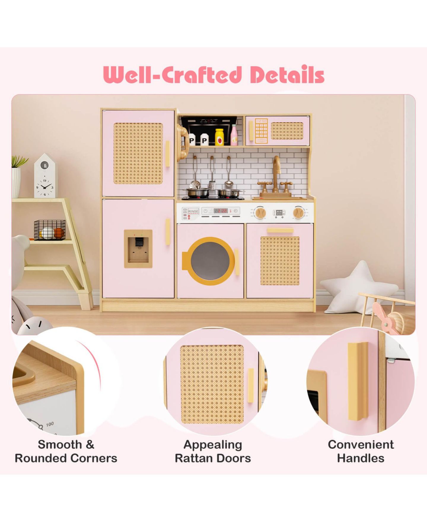 Детские игрушки Costway Interactive Lights and Sounds Wooden Kitchen Playset, 5-Piece Set, Ages 3+, цвет: Розовый — фото 9