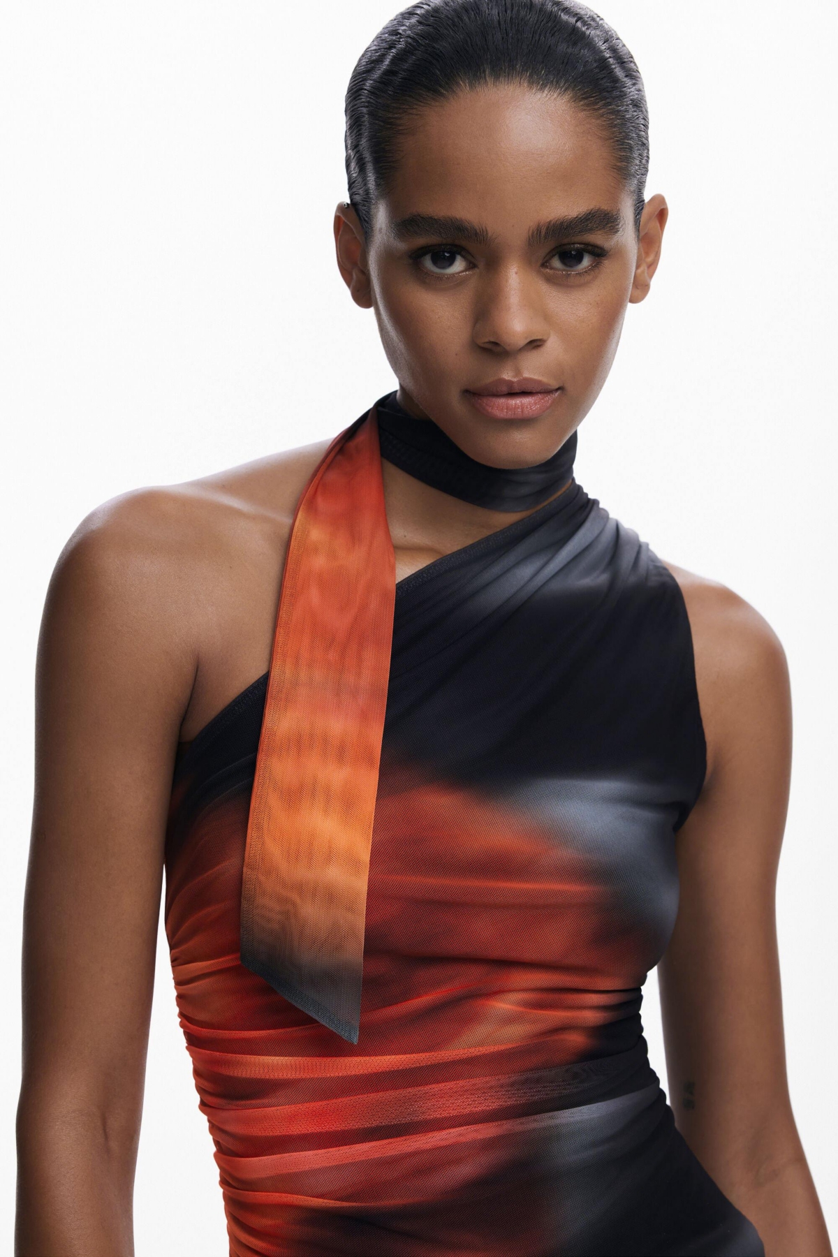 Desigual Tie Neck One Shoulder Top In Black