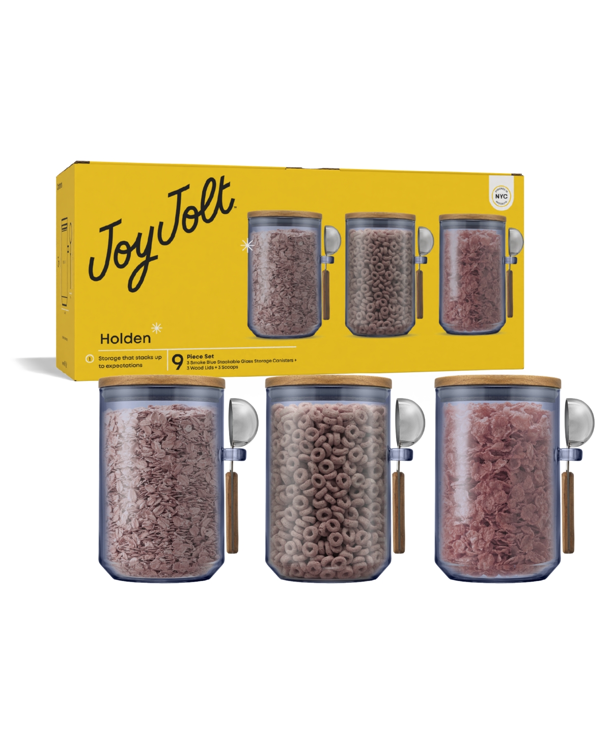 Joyjolt Holden Stackable Glass Storage Canister With Wood Lids And Scoops, Set Of 3 In Blue