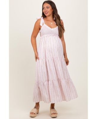 Maternity Floral Striped Smocked Shoulder Tie Maxi Dress