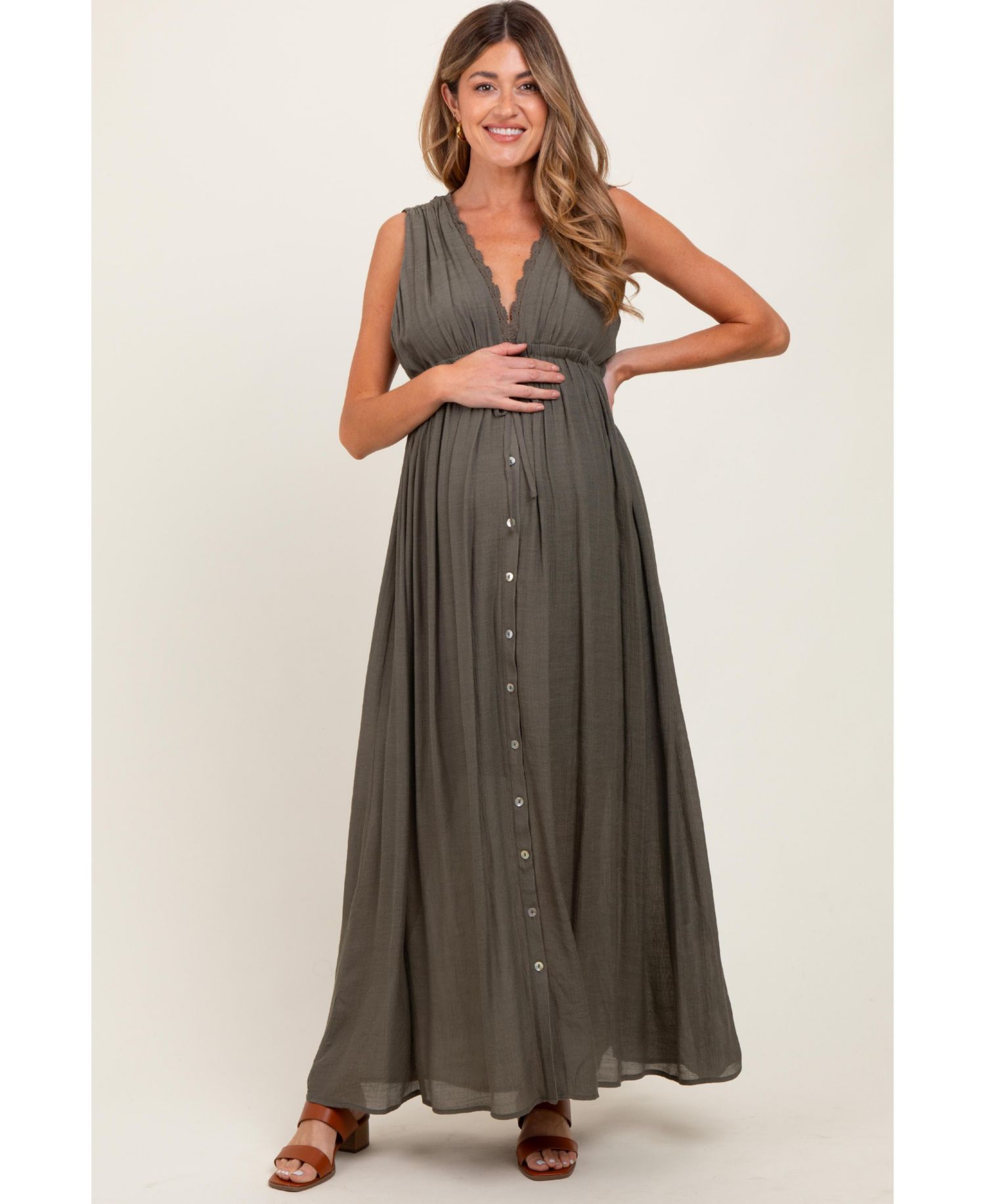 Women's Olive Deep V-Neck Sleeveless Button Down Maxi Dress