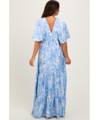 Maternity Floral Short Sleeve Deep V-Neck Tiered Maternity Maxi Dress