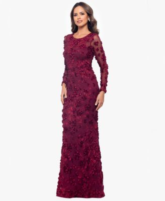 Petite Raised Flower Crewneck Long Gown Dress