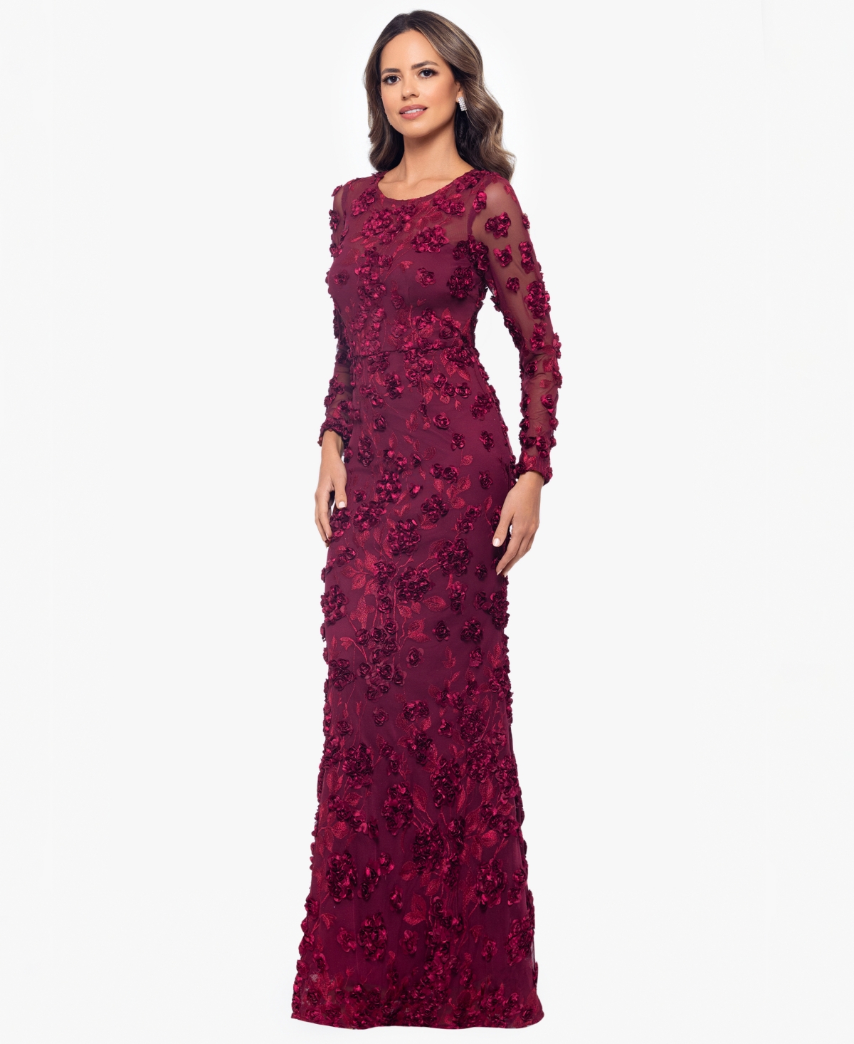 Xscape Petite Raised Flower Crewneck Long Gown Dress In Purple