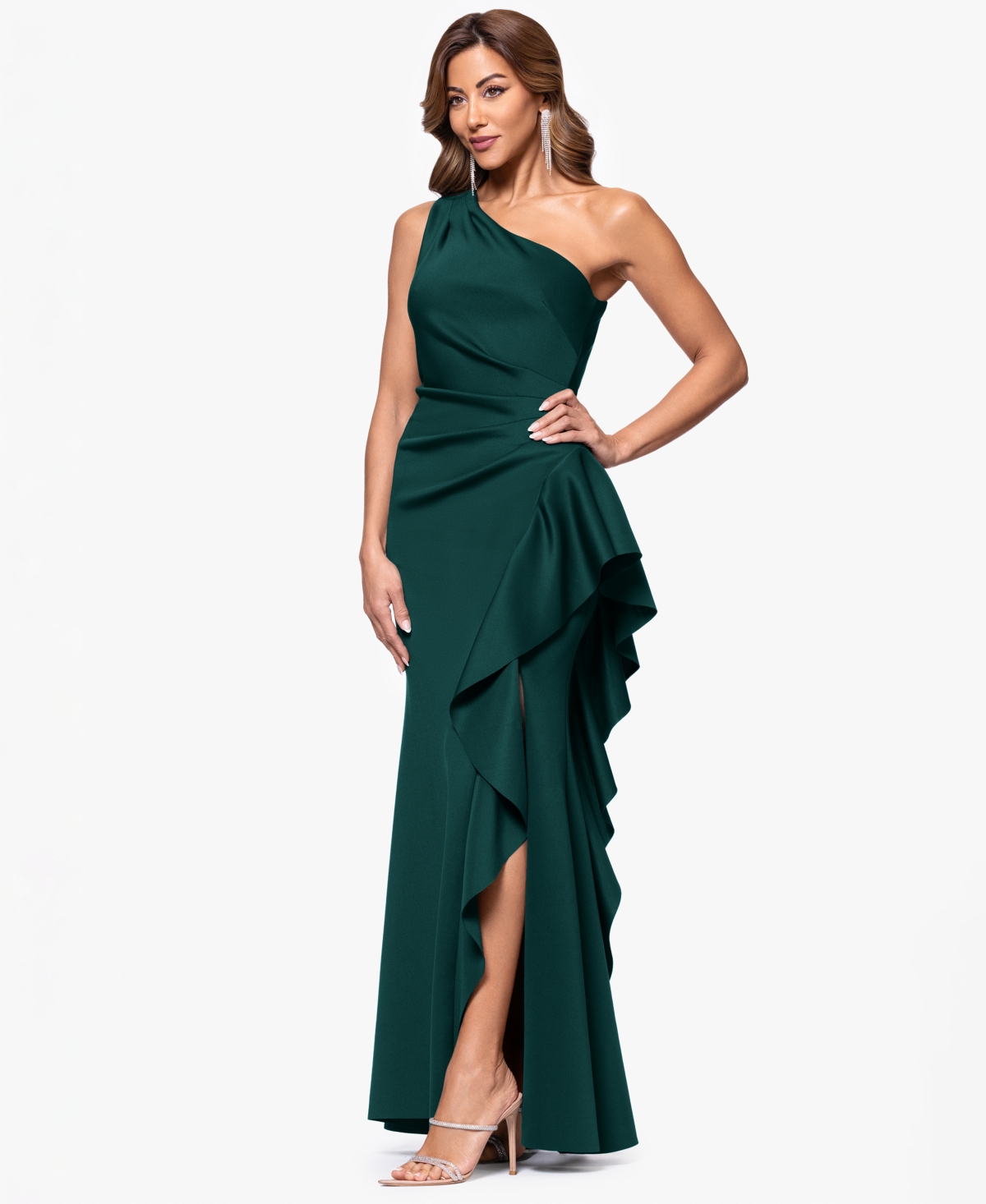 Xscape Petite Gathered-waist One-shoulder Evening Gown In Green