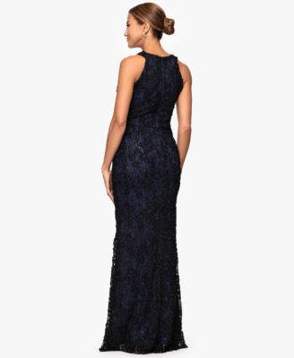 Petite High-Neck Sleeveless Lace Sheath Gown