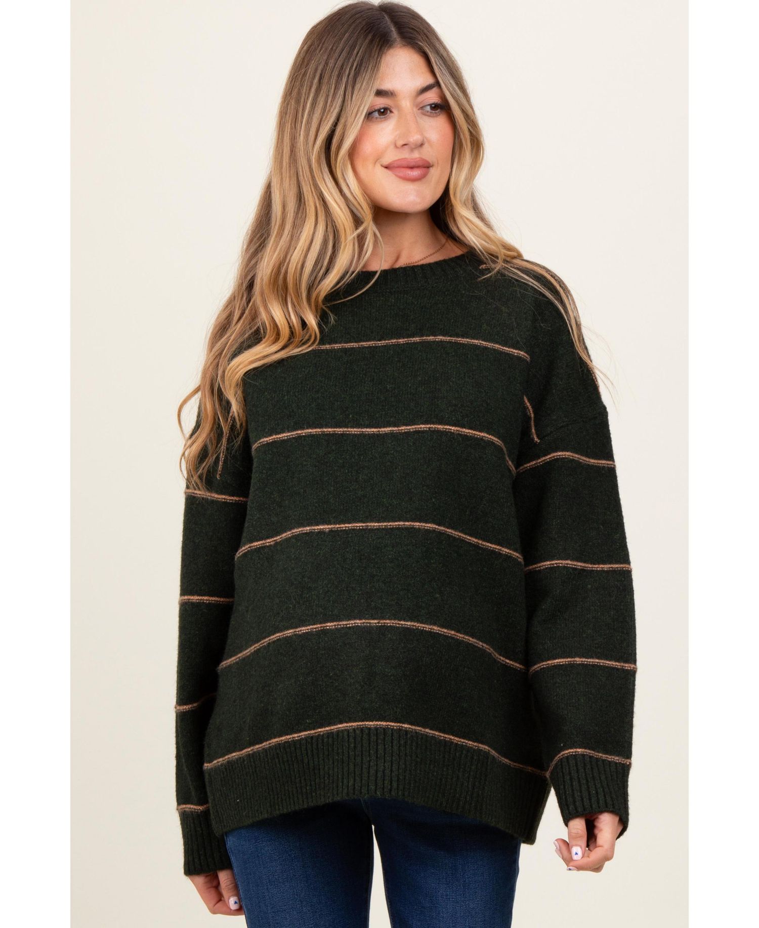 Women's Olive Striped Drop Shoulder Sweater