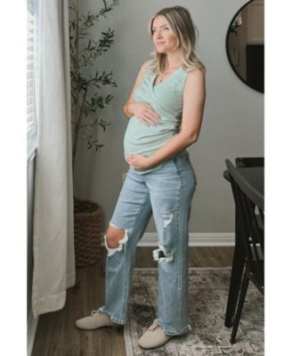 Light Blue Distressed Cutout Maternity Straight Leg Ankle Jeans
