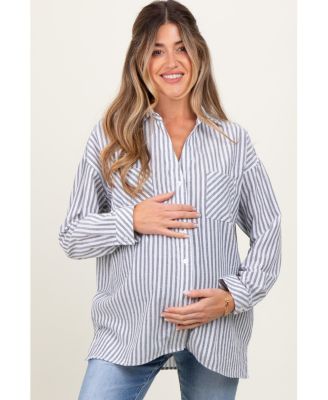 Maternity Navy Striped Double Pocket Button Down Top
