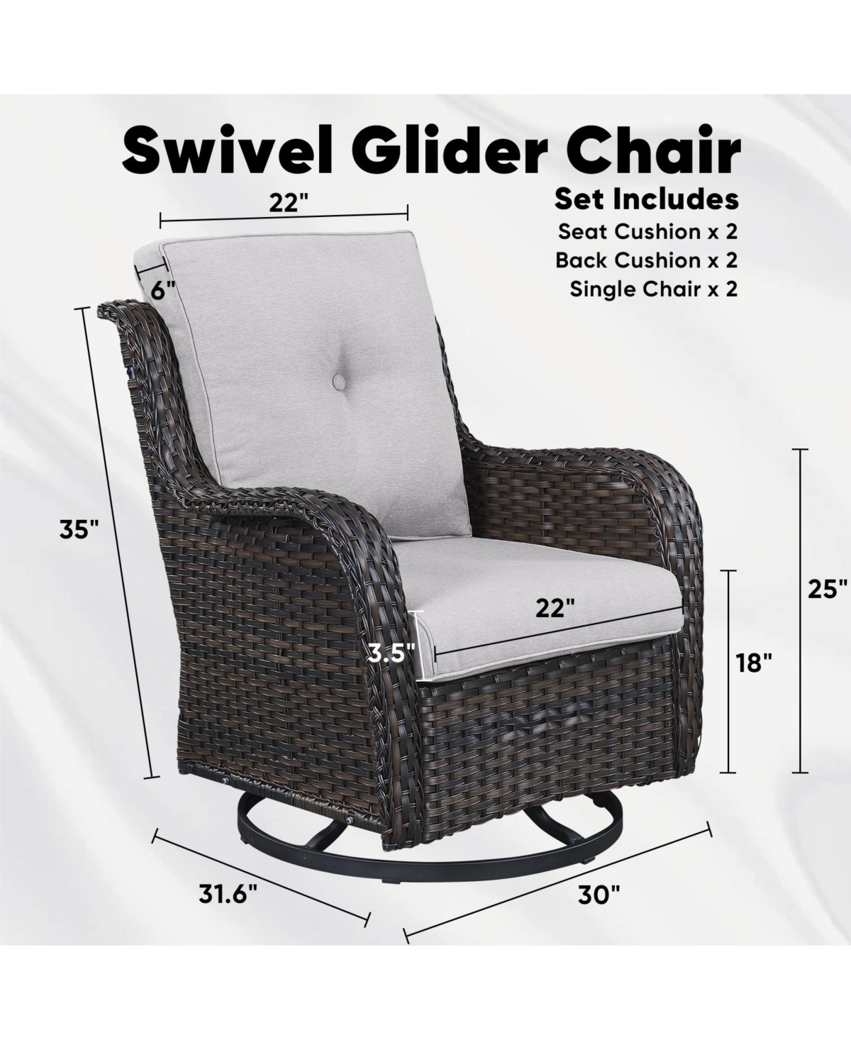 Gymojoy ArcLine Brown Wicker Swivel Glider Outdoor Rocking Chair with CushionGuard Blue Cushion (2-Pack