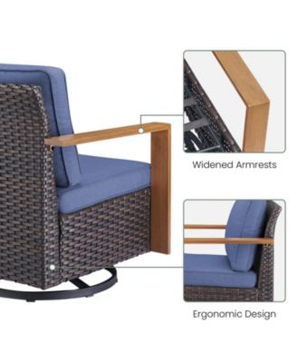 CubeEdge Brown Wicker Patio Swivel Chair Set Outdoor Rocking Chair with CushionGuard Blue Cushions (2-Pack)