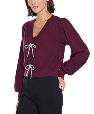  Women's Rhinestone-Bow Hidden-Snap Cardigan Sweater