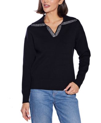 Rhinestone-Trimmed Split-Neck Sweater