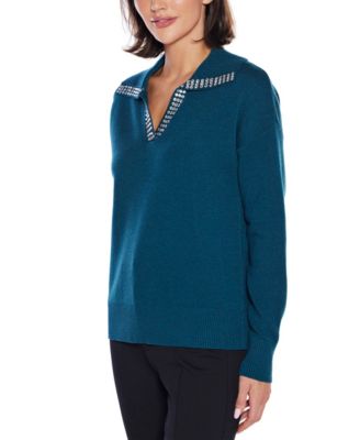 Rhinestone-Trimmed Split-Neck Sweater
