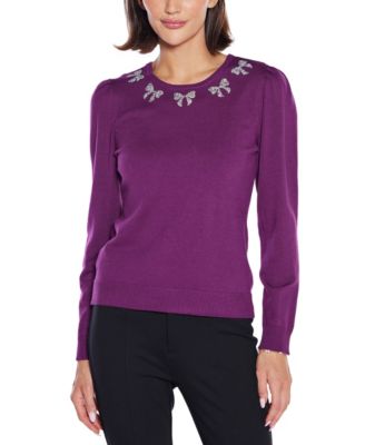  Women's Puff Sleeve Embellished Neckline Sweater