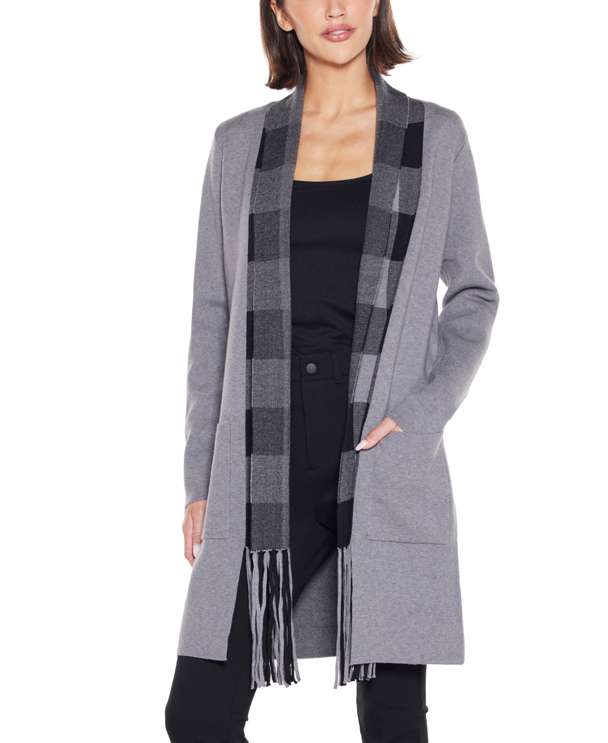 Belldini Women's Black Label Scarf-effect Open-front Coatigan Sweater In Gray