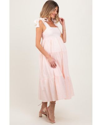 Maternity Light Pink Gingham Lace Trim Shoulder Tie Maxi Dress