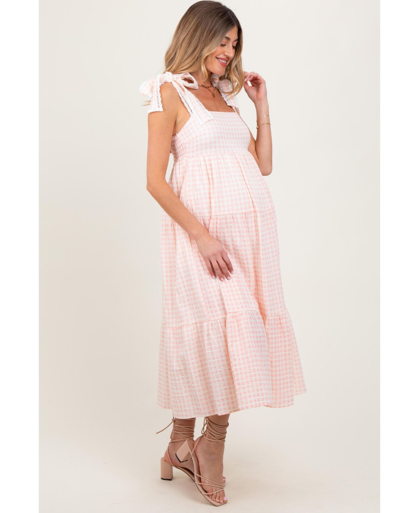 Женское платье Pinkblush Light Pink Gingham Lace Trim Shoulder Tie Maxi, цвет: Светлый розовый — фото 3