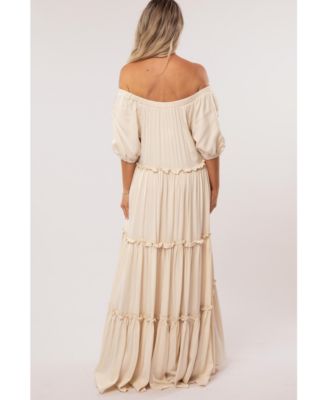 Cream Off Shoulder Ruffle Tiered Maternity Maxi Dress