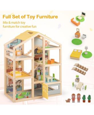 Wooden Dollhouse for Kids Modern Family Pretend Playhouse with Furniture Pieces and Figures