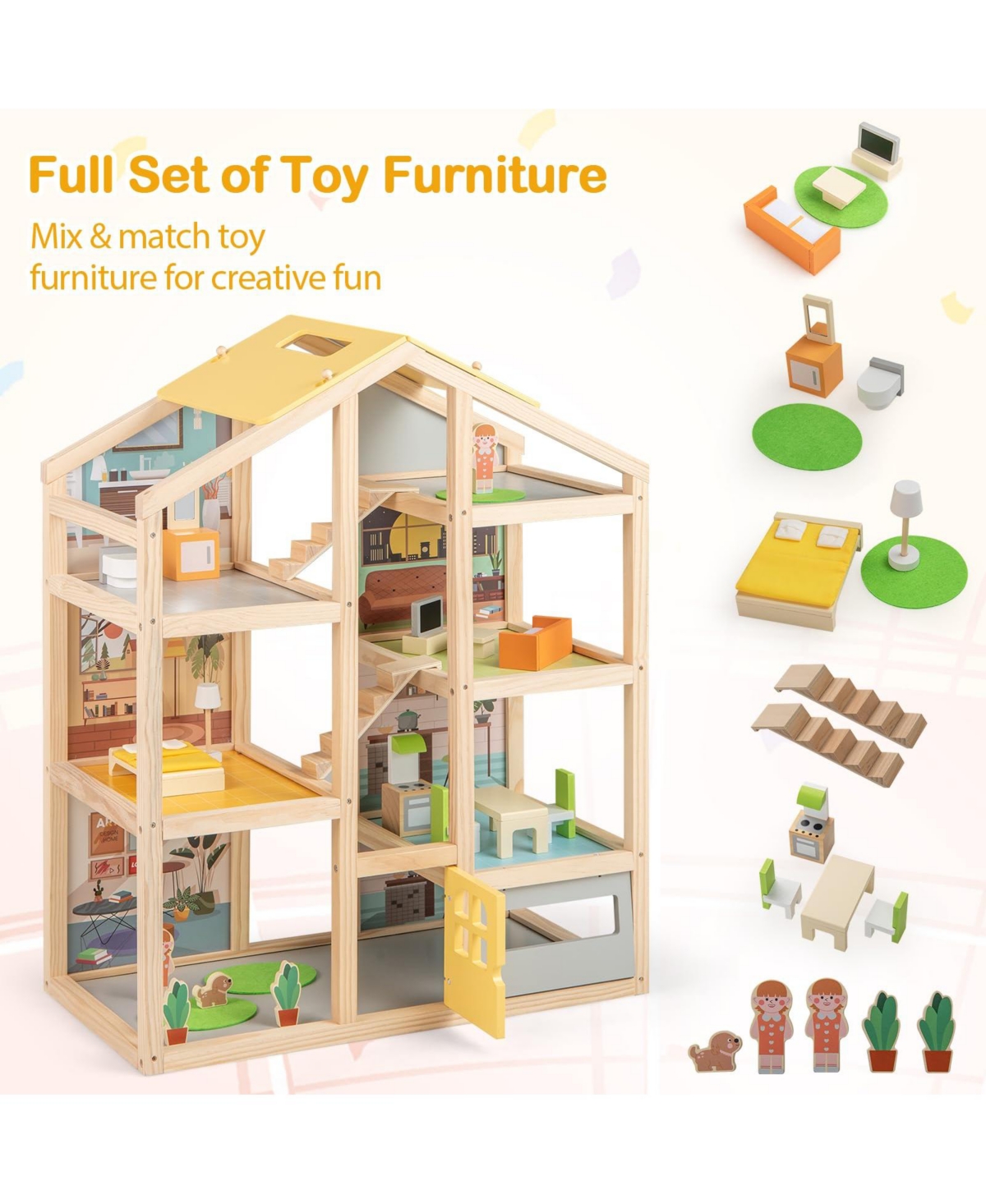 Wooden Dollhouse for Kids Modern Family Pretend Playhouse with Furniture Pieces and Figures