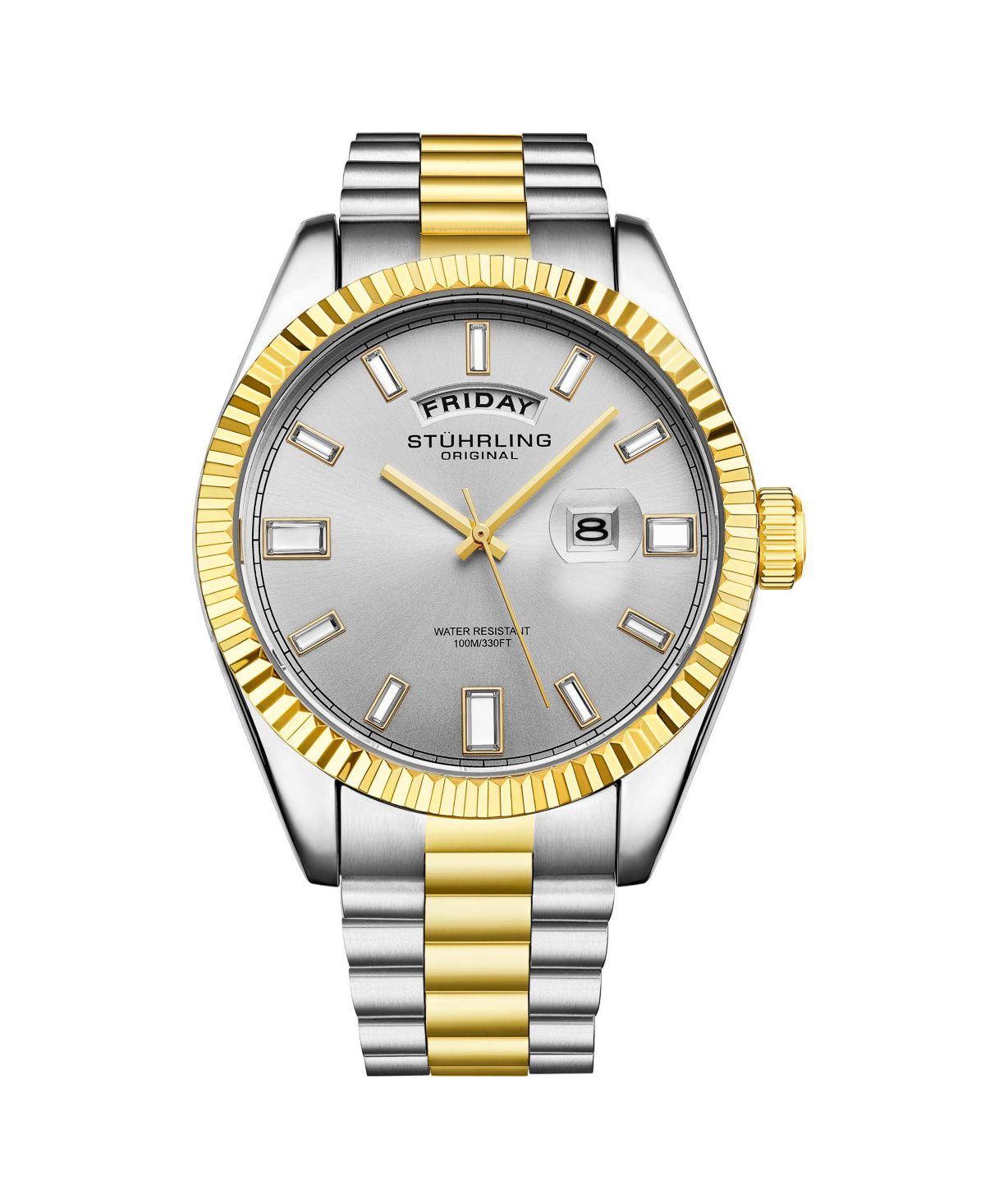 Мужские часы Statesman 4070 – Двухцветный браслет, Серебряный циферблат, Кварцевые часы с датой, рифленый безель диаметром 42 мм