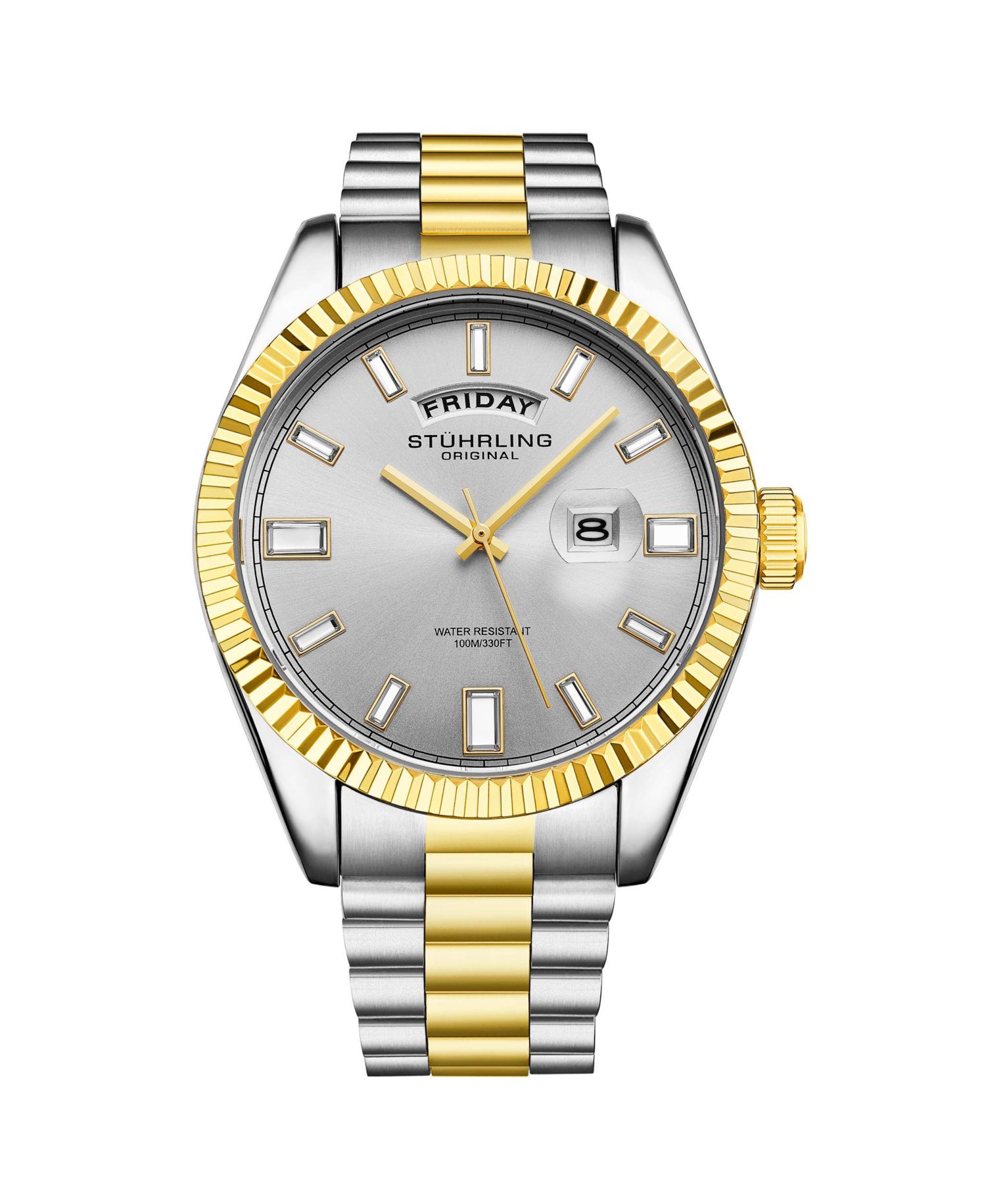 Statesman 4070 Men s Watch – Two-Tone Bracelet, Silver Dial, Day-Date Quartz, 42mm Fluted Bezel
