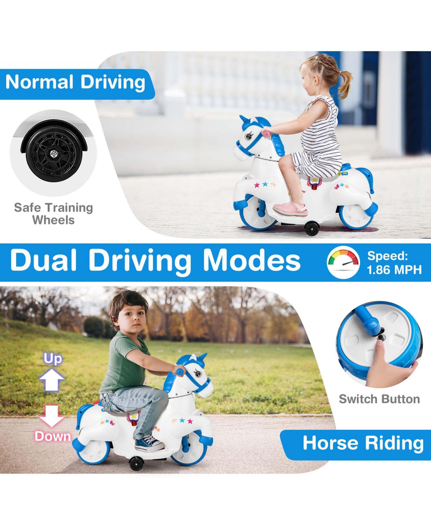 Детская игрушка Costway 12V Kids Ride on Unicorn Toy with Training Wheels Music One-button, цвет: Синий — фото 6
