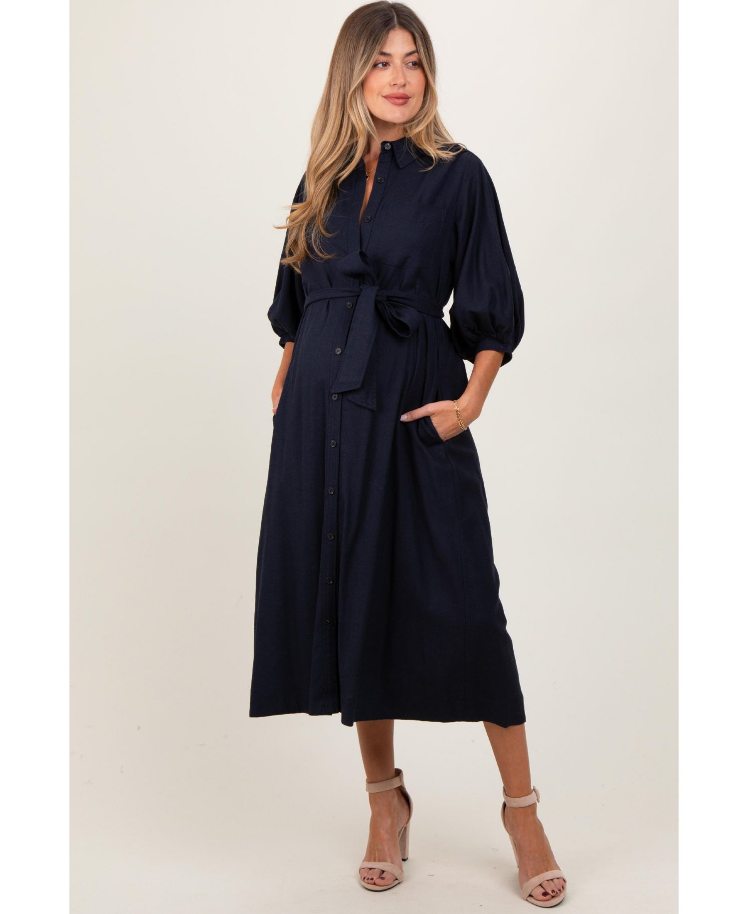 Women's Navy 3/4 Bubble Sleeve Midi Shirt Dress