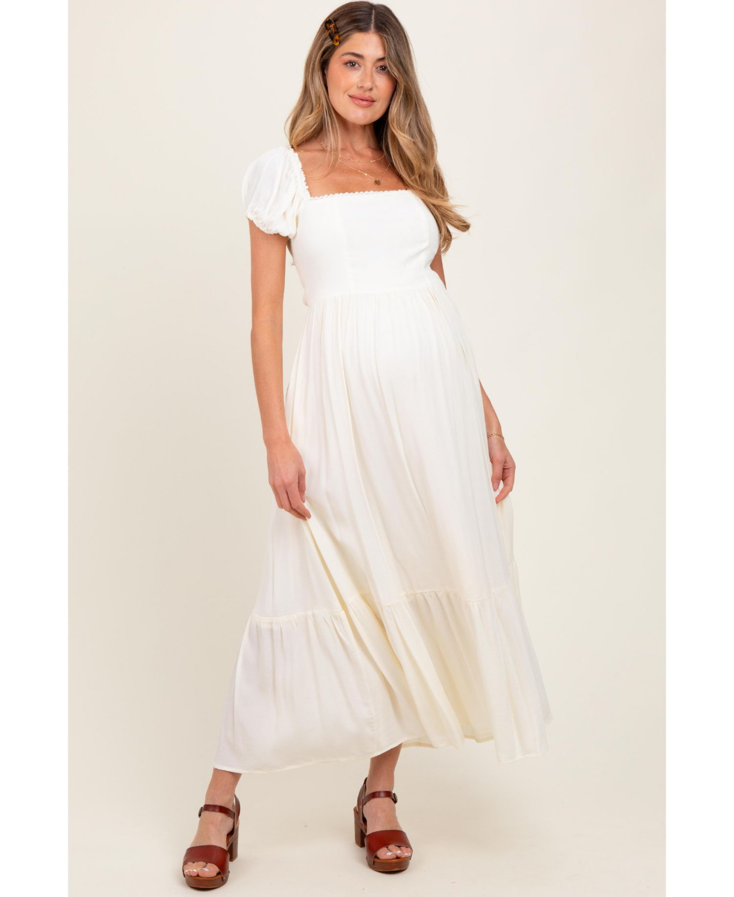 Women's Ivory Ruffle Detail Square Neck Maxi Dress