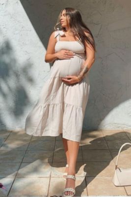 Maternity Rust Bow Strap Tiered Midi Dress