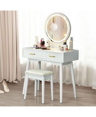 Small Vanity Desk with Mirror and Lights, Makeup Table with 4 Drawers, Vanity Stool, Round Lighted Mirror, 3 Color Modes, Dressing Table Set