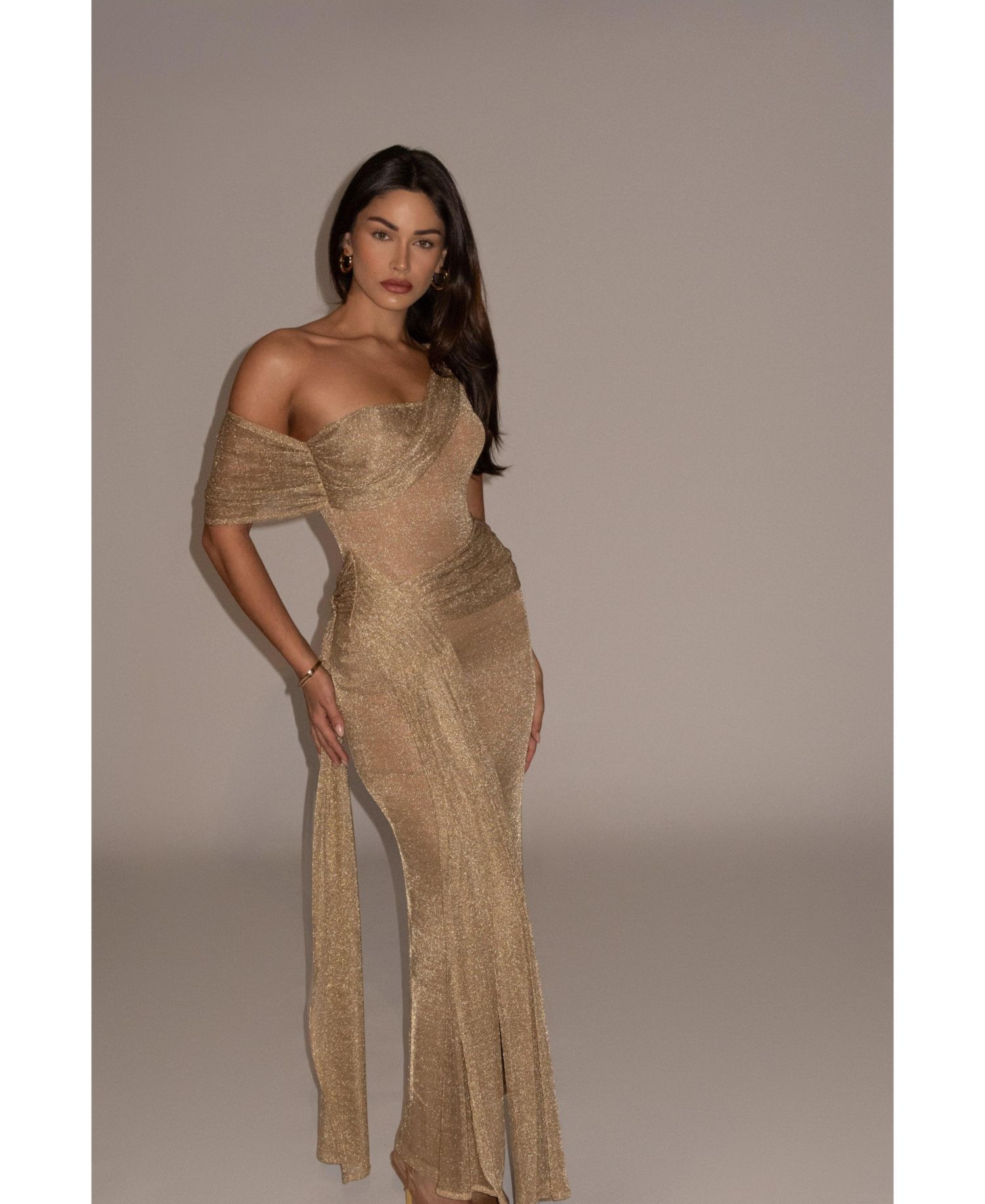 Women's Draped Metallic Maxi Dress