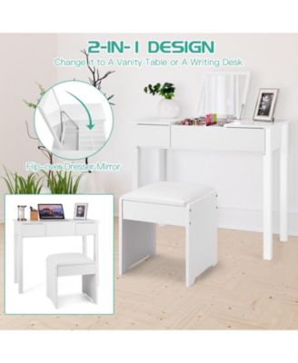2-Pc. Wood Flip-Top Mirror Vanity Dressing Table Set with Cushioned Stool
